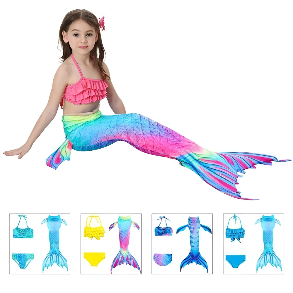 Mermaid Costume Swimsuit Girls Set Ruffle Shell Tail - Image 2